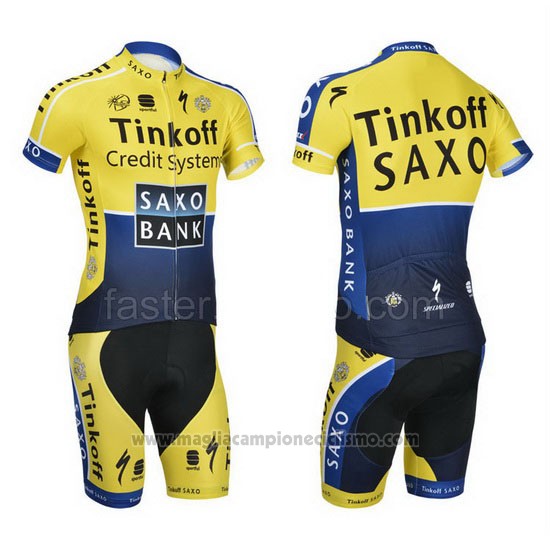 2014 Abbigliamento Ciclismo Tinkoff Saxo Bank Blu e Giallo Manica Corta e Salopette